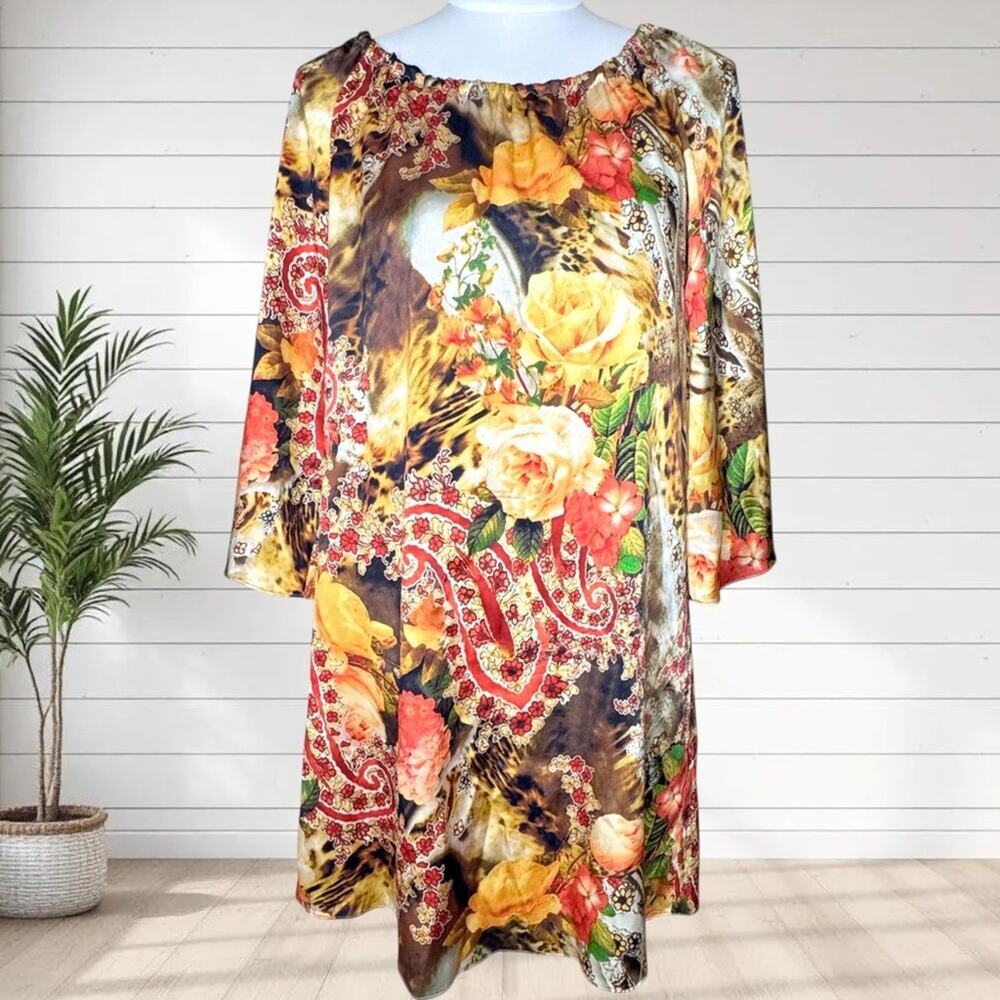Alice + Olivia Shift Dress Silk & Satin Floral Yellow Bohemian Mod Retro S